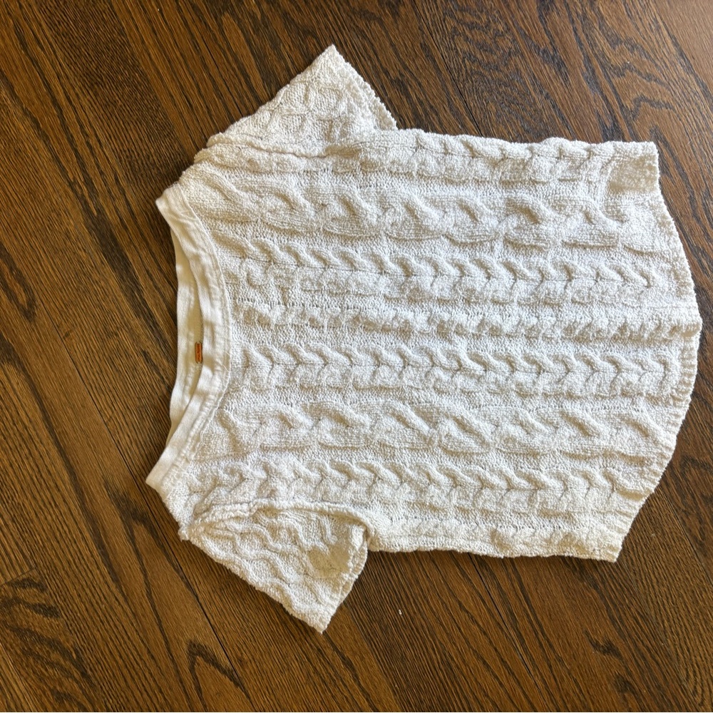 White Textured Short Sleeve Sweater